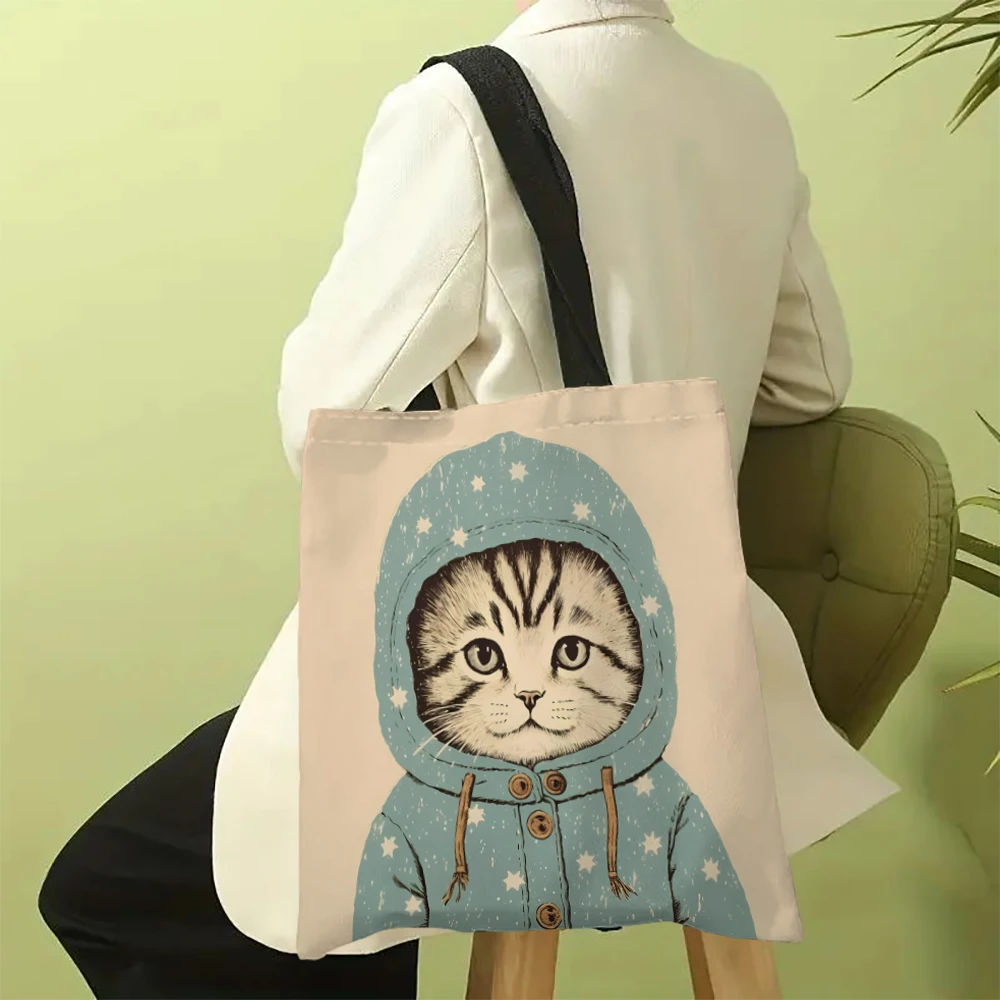 Cute and Funny Cat and French Bulldog Print Handbag Shoulder Bag Large Capacity Foldable Ladies Shopping Bag Canvas Tote Bag