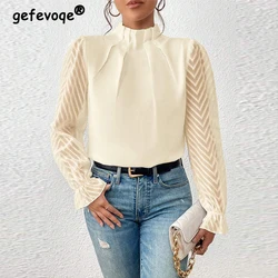 Autumn Winter Women Half High Collar Ruffled Blouses Elegant Fashion Office Lady Shirts Sheer Long Sleeve Loose Tops Solid Blusa