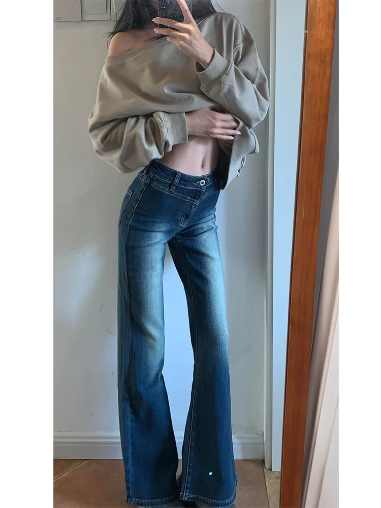 

Джинсы-клеш с низкой талией и удлиненной штаниной для женщин больших размеров, темно-синие, стройнящие, длинные брюки, осенний сезон, модный тренд