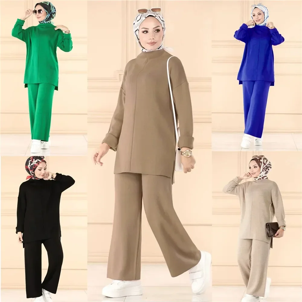 Elegant Casual Autumn Winter Knitted 2 Piece Set Womens Outfits Matching Muslim Set Wide Leg Pants Suit Tracksuit Ramadan Arabic