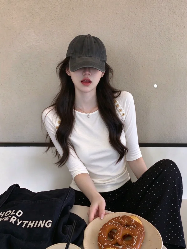 White Boat Neck mid Sleeve T-Shirt Women's Early Autumn Light Maturity Unique Style Single Wear Korean Style Elegant Top