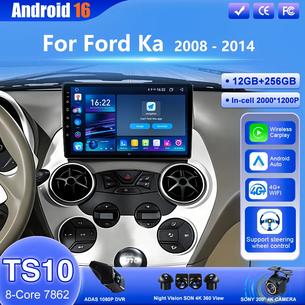 Android 16 Carplay para Ford Ka 2008 - 2014, Radio Auto Estéreo, Reproductor Multimedia para Auto, Reproductor de Video, Navegación GPS, Pantalla Táctil QLED, 4G DSP