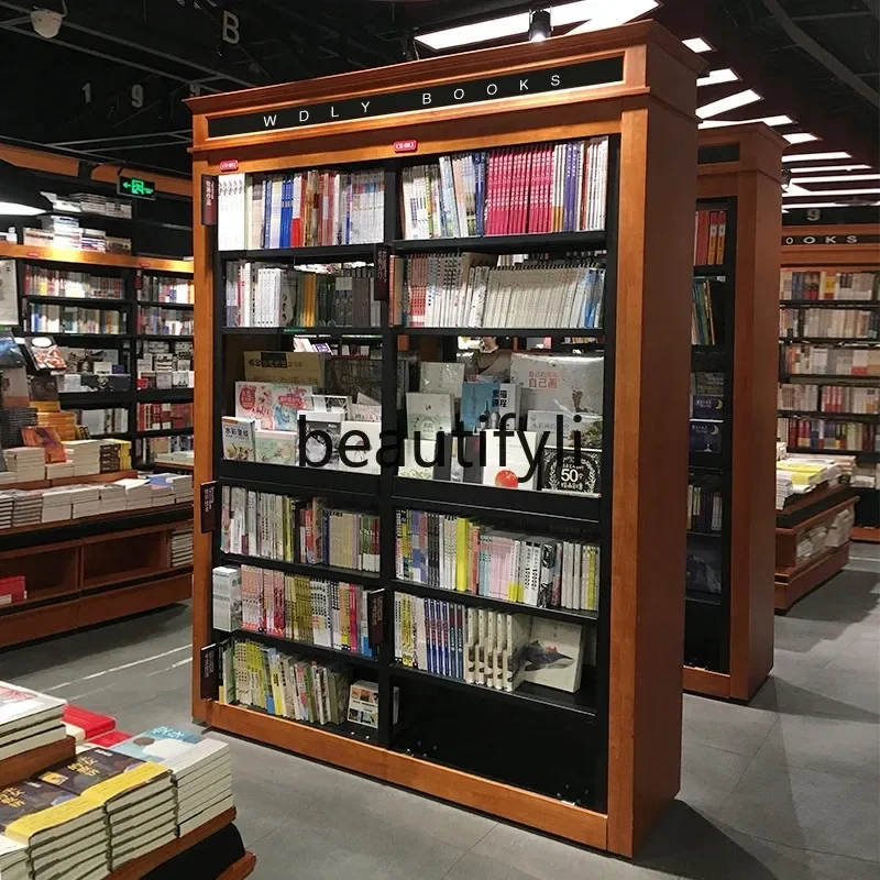 Hochwertiges Bücherregal aus Massivholz und Stahl, ein- und doppelseitiges Ausstellungsregal
