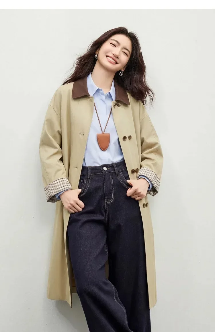 SENTUBILA Damenmode Khaki Trenchcoat 2026 Herbst Eleganter Farbblock-Revers Loser Langer Mantel Vintage Pendler-Oberteil 161FB6304 – Detail 33