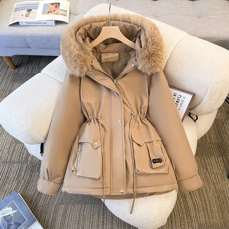 Women\'s Winter New Detachable Fur Hooded Snow Parka Large Fur Collar Cotton Padded Jacket Fluff Fur Hooded Outerwear Female