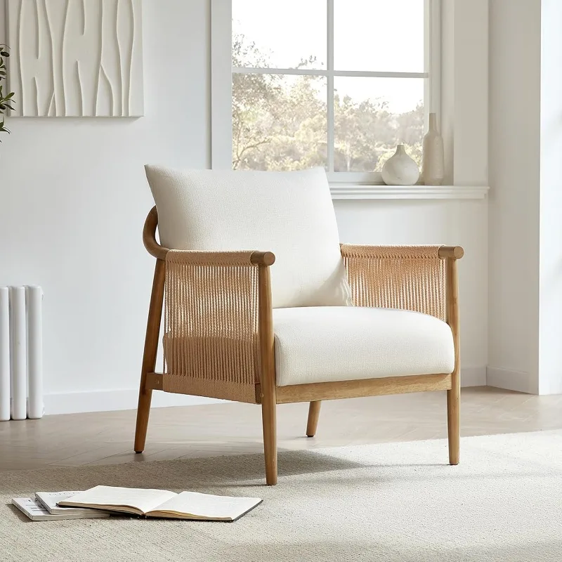 Sillón trenzado, silla decorativa moderna para salón, color crema