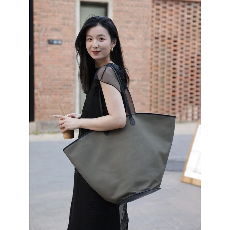 FIRMRANCH Artistic Style High-Quality Military Green Canvas Patchwork Cowhide Casual Women\'s Fan-Shaped Tote Single Shoulder Bag