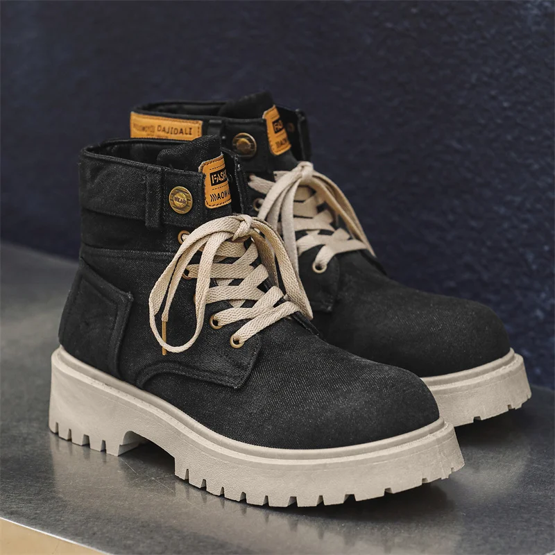 2024 Retro Black Men's Denim Boots Comfortable Non-Slip Working Shoes Man Platform Casual Ankle Boots For Men botas para hombre