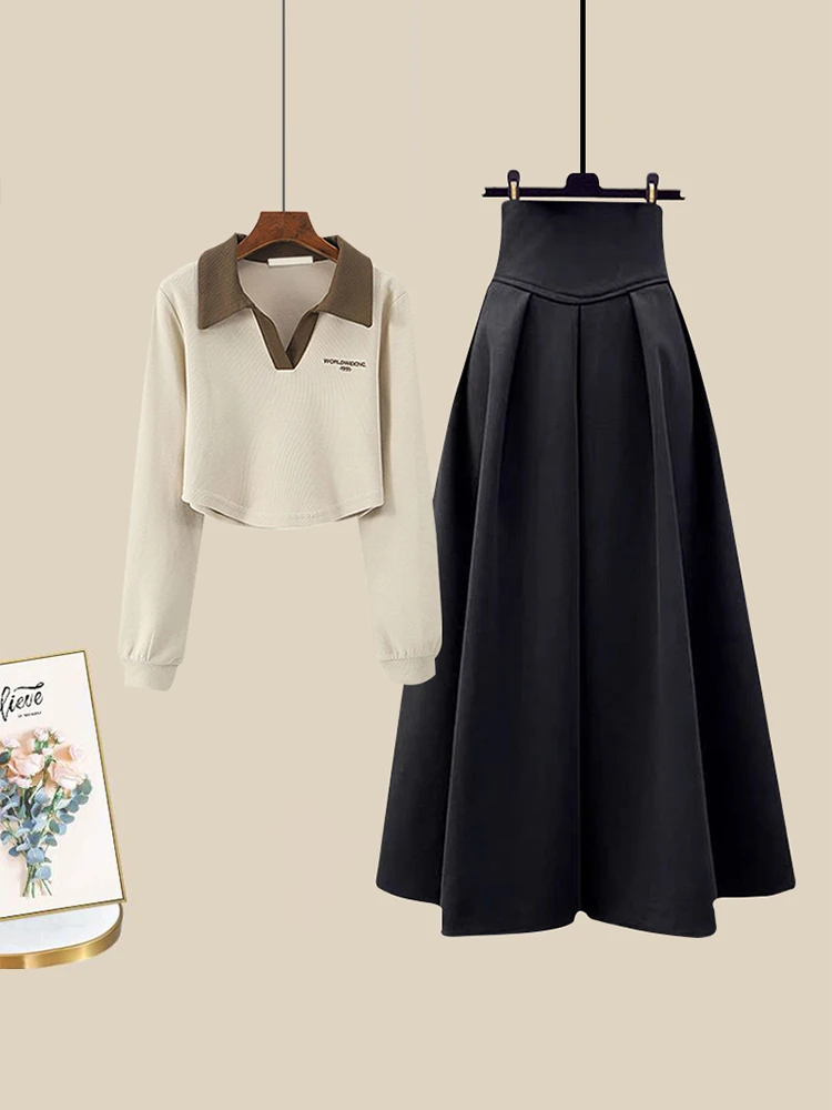

plus Size Spring Autumn Women's Set High Waist Slimming Skirt Long Sleeve Neck Two Piece Set Youthful Fashionable Outfit