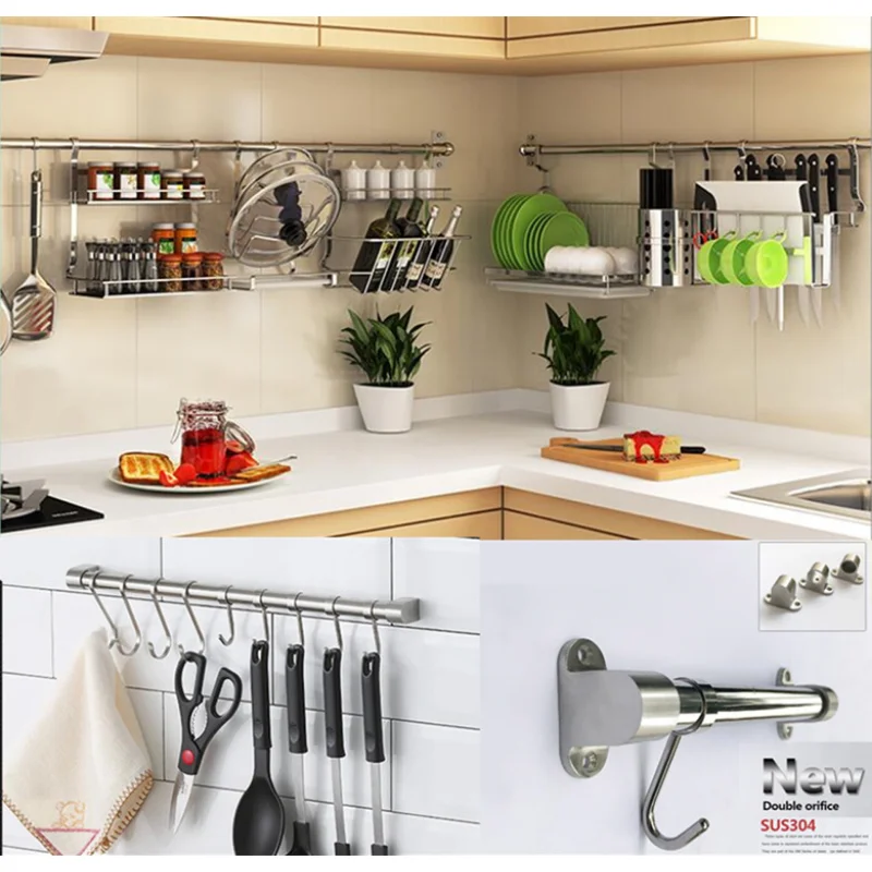 

New Arrival SUS304 Stainless Steel Kitchen Rack Shelf Hook DIY 30cm-120cm Wall