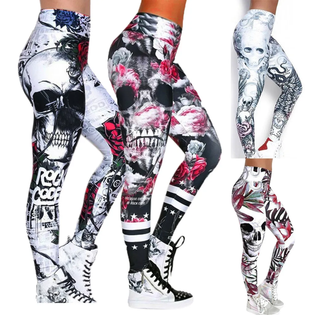 Low Price Clearance Yoga Pants Women\'s Digital Skull Print Sexy Hip Lifting Pants Leggings High Elastic Pencil Leggings