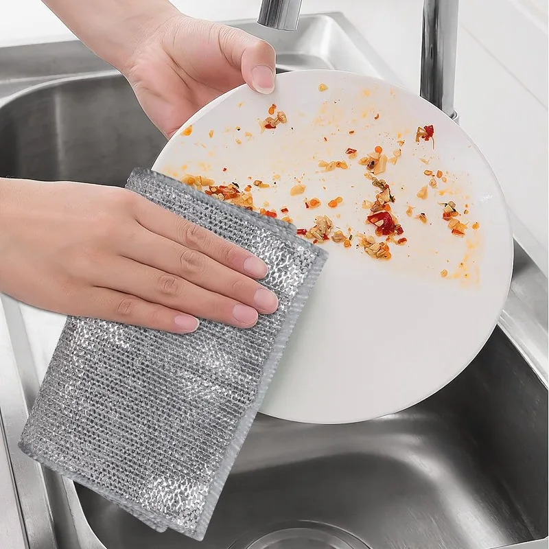 50/1pcs Kitchen Dishwashing Steel Wire Cleaning Cloth Non-Scratch Double-layer Metal Silver Wire Rags Scouring Pads Wholesale