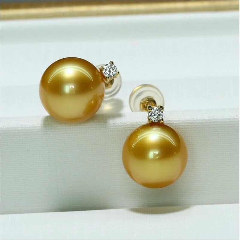 Large quantity of AAAA 10-11mm circular natural South China Sea gold pearl earrings 925S