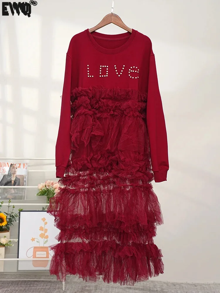 [EWQ] Chic Big Size Straight Beautiful Dress Robe Long Sleeved Rivet Love Letter Wine Red Clothing Mesh Splicing Party Dresses