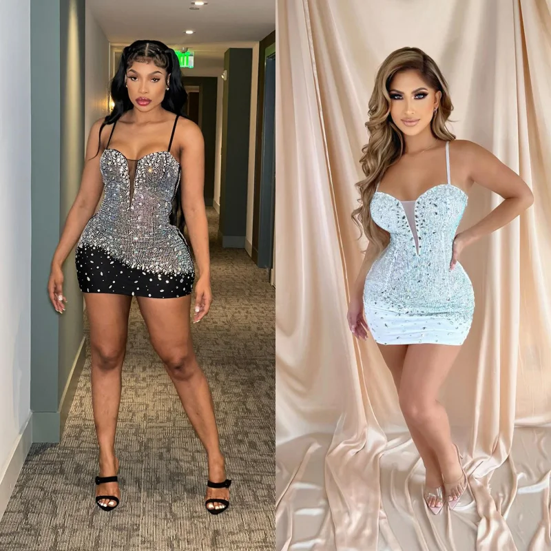 

2025 Summer New European American Fashion Women's Sexy Spaghetti Strap Rhinestone Nightclub Dress with Sparkling Details
