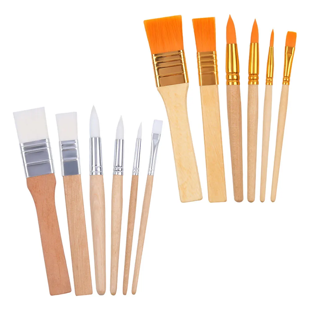 

12pcs Children Paint Brushes 6 White 6 Yellow DIY Watercolor Oil Painting Supplies Portable Miniature Artist Tools Wear