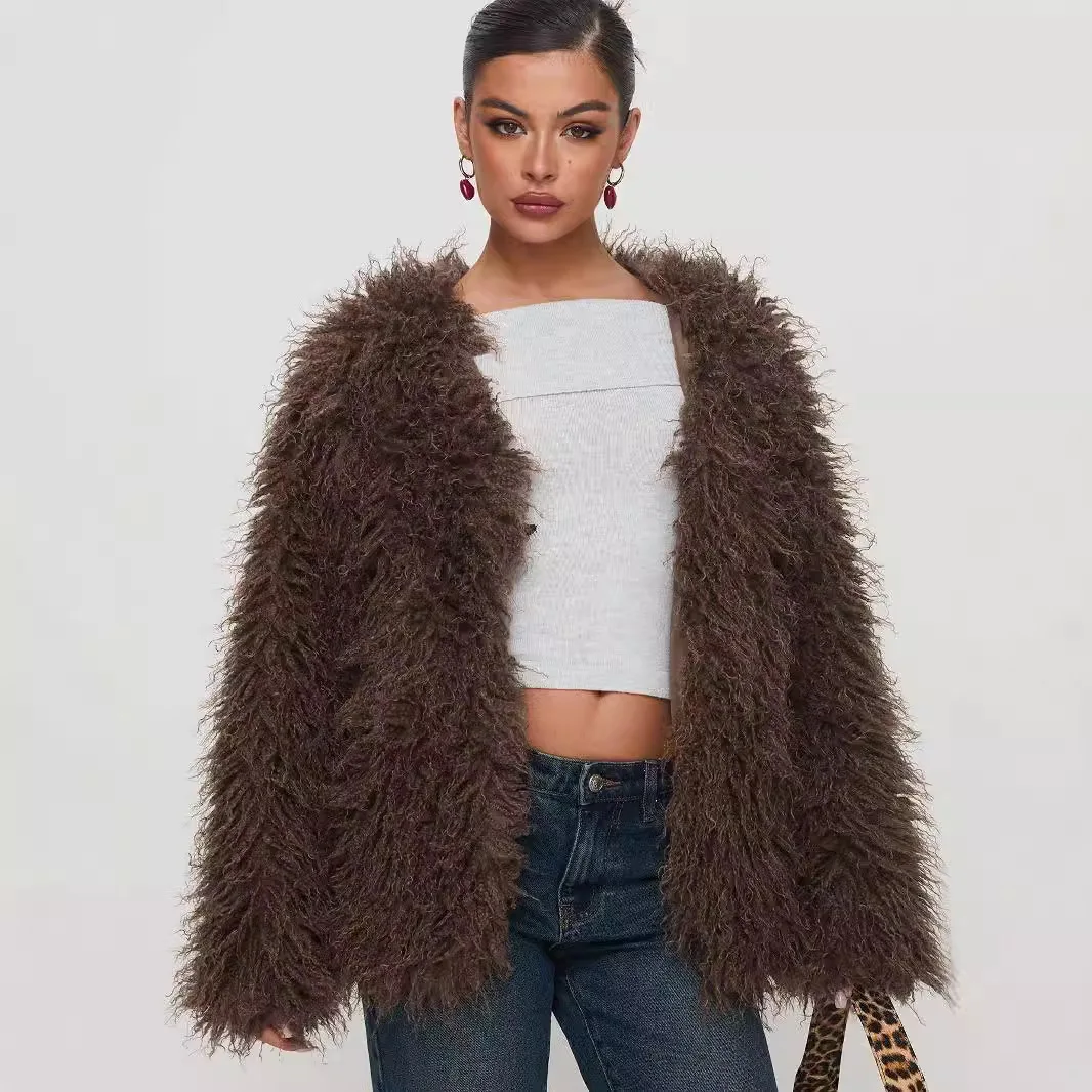 Faux Fur Women Coats V Neck Full Sleeve Short Coat Thick Warm Y2k Streetwear Elegant Splice Open Stitch Outerwear Autumn Winter