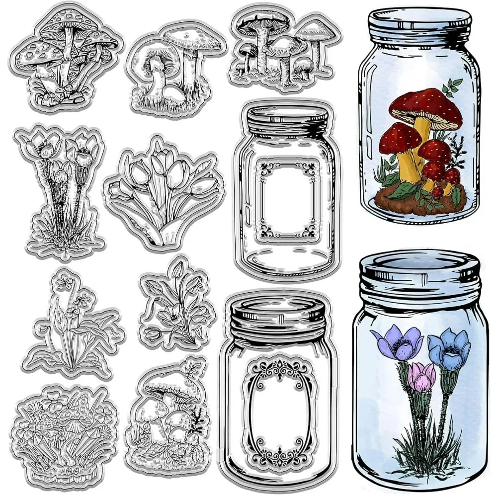 Vintage Bottle Clear Rubber Stamp Glass Jar Plants Flowers Transparent Seals Stamp Retro for Handmade Photo Album Notebook Decor