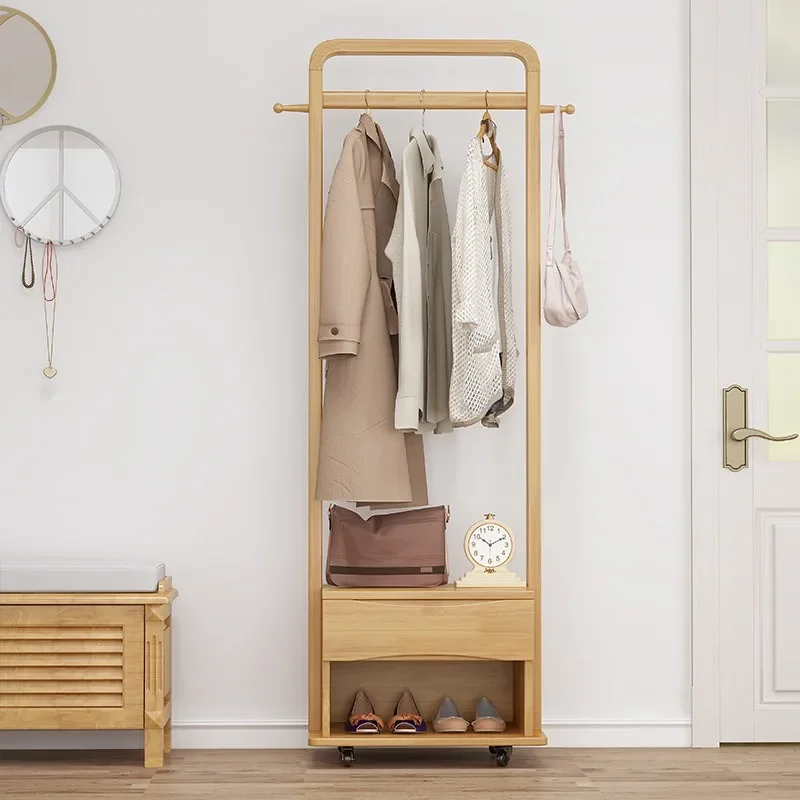 Solid wood coat rack Small apartment entry shoe change stool full-length mirror integrated bedroom floor-to-ceiling