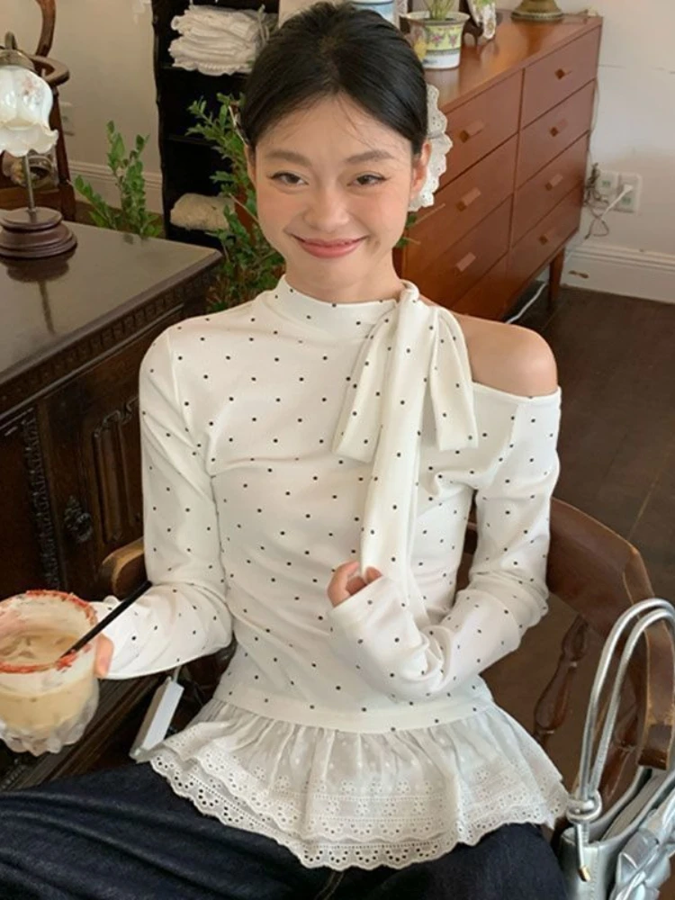 

Богемный Y2k корейский шикарный пуловер с бантом женский пуловер в горошек с длинными рукавами на шнуровке уличная одежда Harajuku нерегулярный топ тонкая блузка