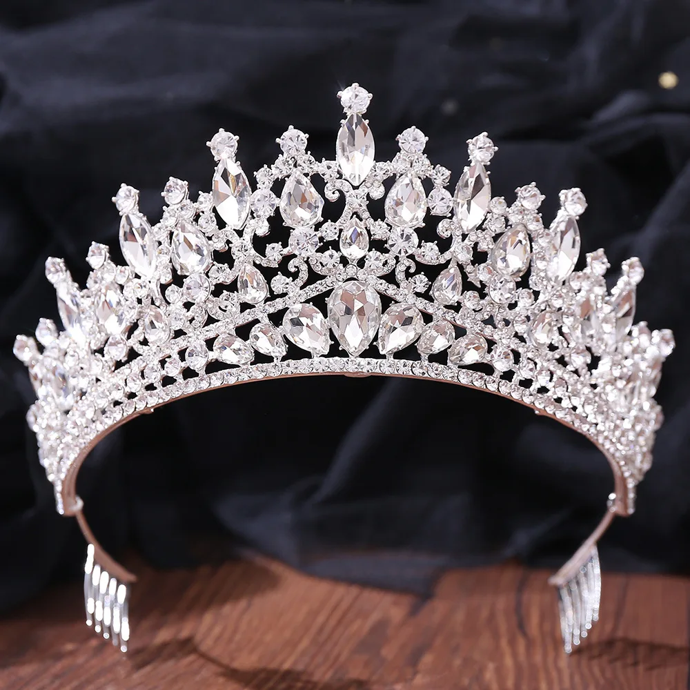 Baroque Blue Green Opal Wedding Crown With Comb Crystal Royal Queen Bridal Tiaras Big Rhinestone Pageant Diadem Head Accessories