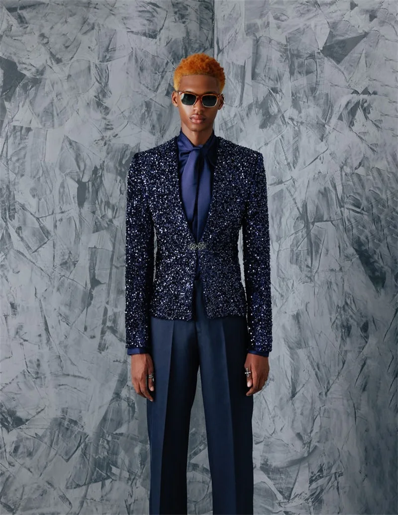 Glitter Sequins Men Suits Set 2 Pieces Blazer+Cotton Pants Trousers Wedding Tuxedos Jacket Formal Office Business Male Coat