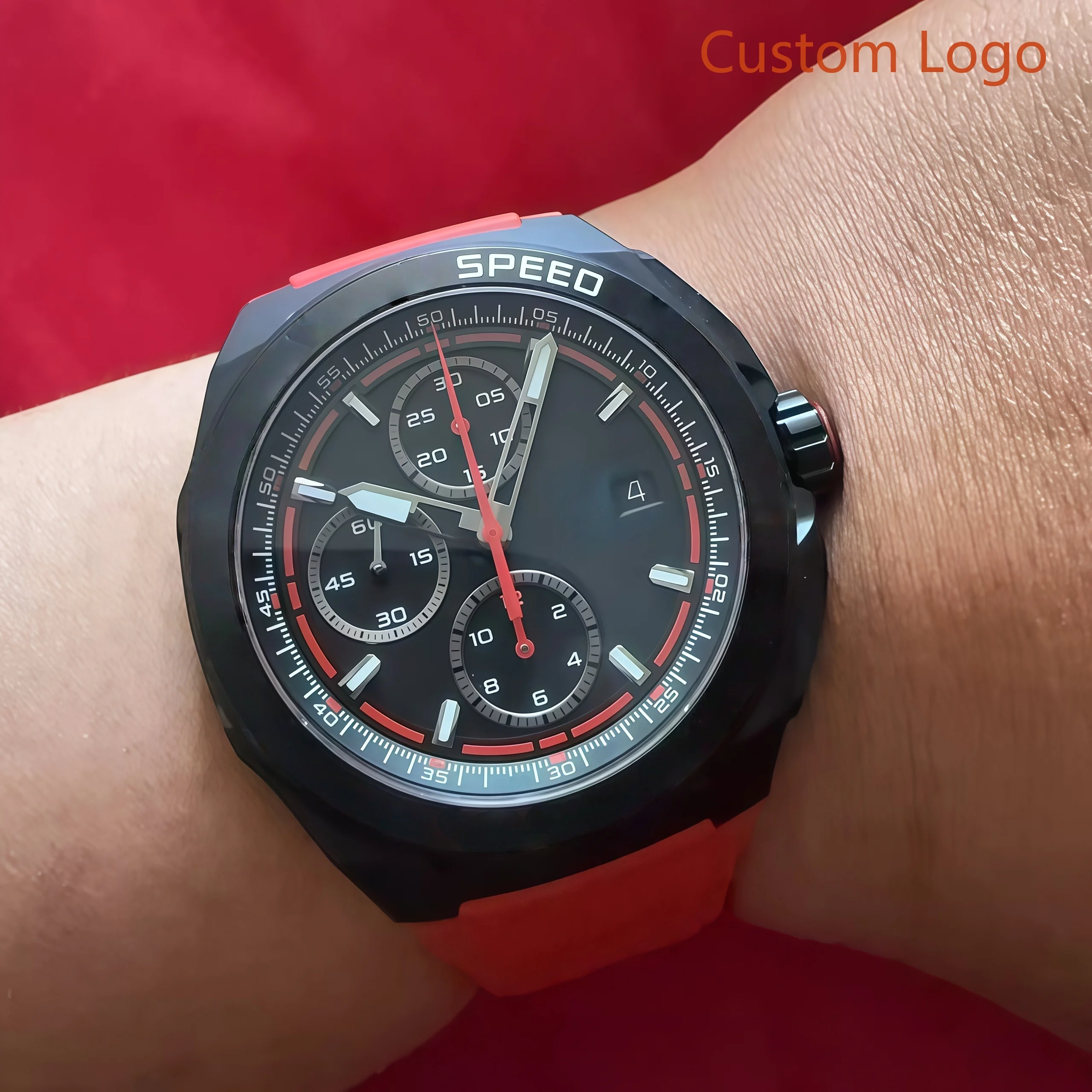 LONG GE Men Speed Racing Chronograph Watch Black Red Dial Rubber Strap Waterproof Sports Male Quartz Customized Watches