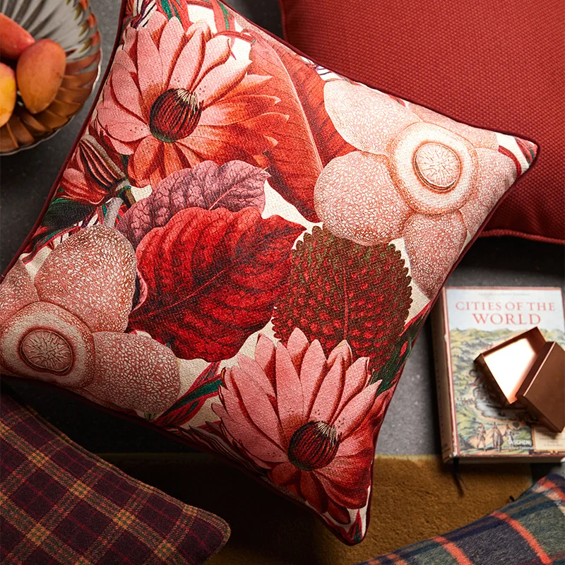 Red Flora Pillows Luxury Print Cushion Case Vintage Shiny House Decorative Pillow Cover For Sofa Chair Bedding Home Decorations