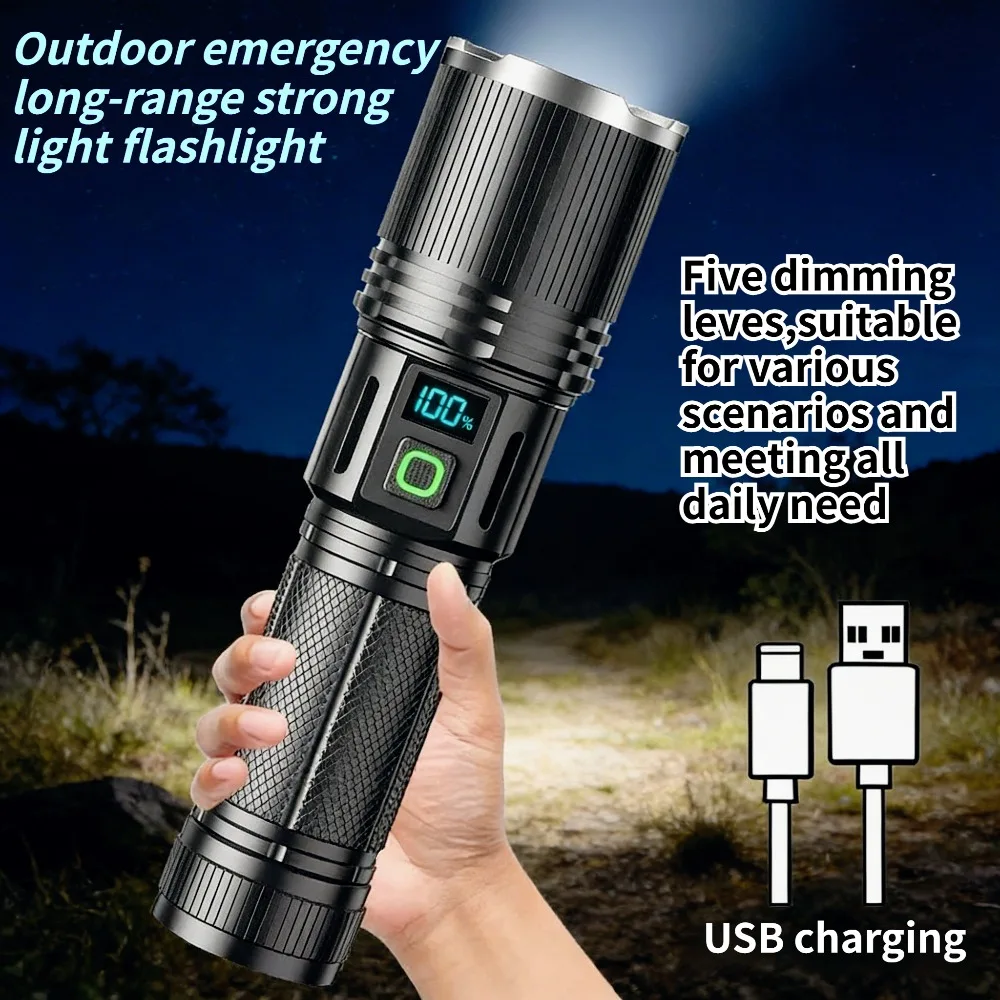 Flashlight with Digital Display Mechanical Zoom USB Charging Aluminum Alloy Body Super Bright Lamp Hunting Camping Travel