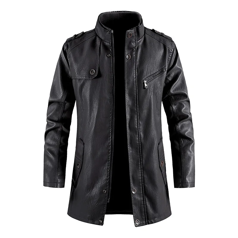 Autumn Winter Men Plush Coat American Retro Stand Collar Man Leather Jacket Long Sleeve Zipper Mid Length Washed Male Outerwear