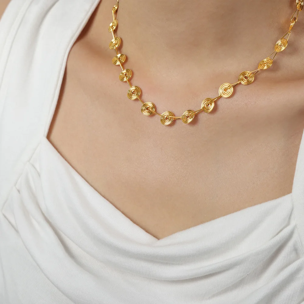 Fashion Round Pendant Chain Necklace for Women 316L Stainless Steel Gold Plated Bangle Jewelry Set Gift Hip Hop Accessories