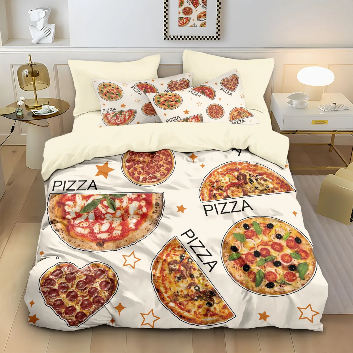 3pcs Cartoon Pizza Biscuit Printed Coreless Down Duvet Cover Set, Multi Size Bedroom Bedding Decoration, Machine Washable