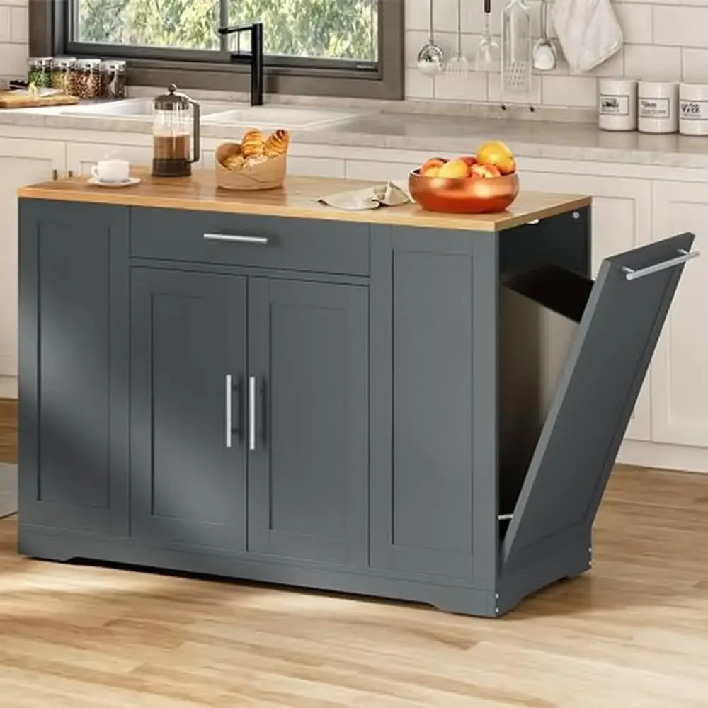 Large Rolling Kitchen Island Trash Can Storage Cabinet Mobile Islands Table Floating Movable with Lockable Wheels Spacious