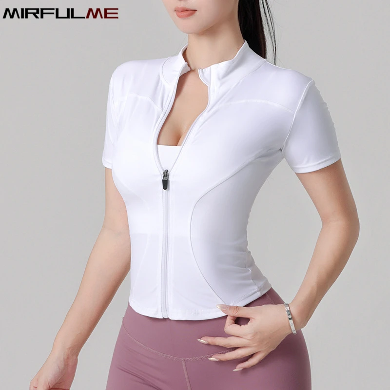 Women Sport Jackets Short Sleeve Yoga Coat Zipper Slim Running Jacket Elastic Breathable Gym Workout Tops Fitness Clothes Female