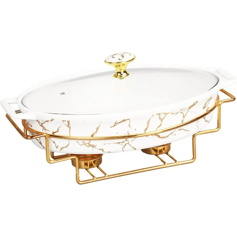 

12" x 8" Ceramic Casserole Baking Dish With Glass Cover and with Golden Rack, Lasagna Pan Deep for Oven, 1.7 Quarts Baking Pan w