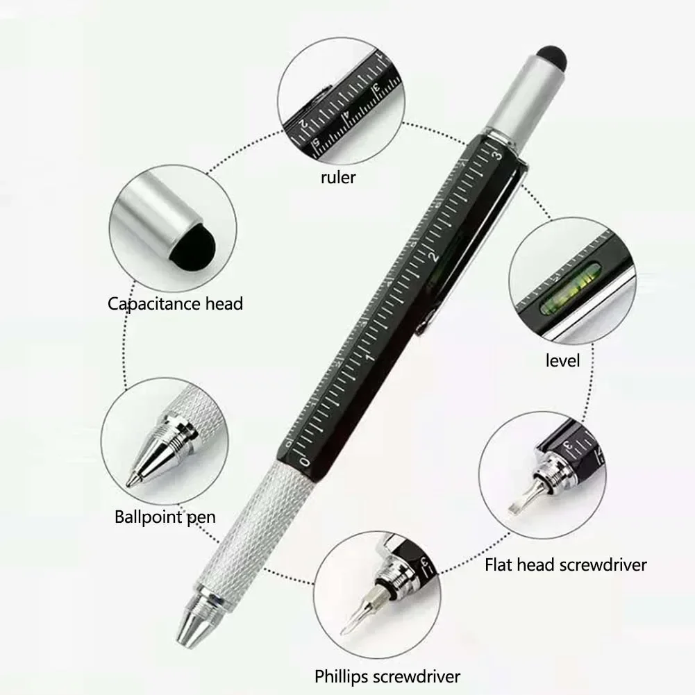 6 In1 Multi-Function Ballpoint Pen 1PC Modern Handheld Tool Measure Technical Ruler Screwdriver Touch Screen Stylus Spirit Level