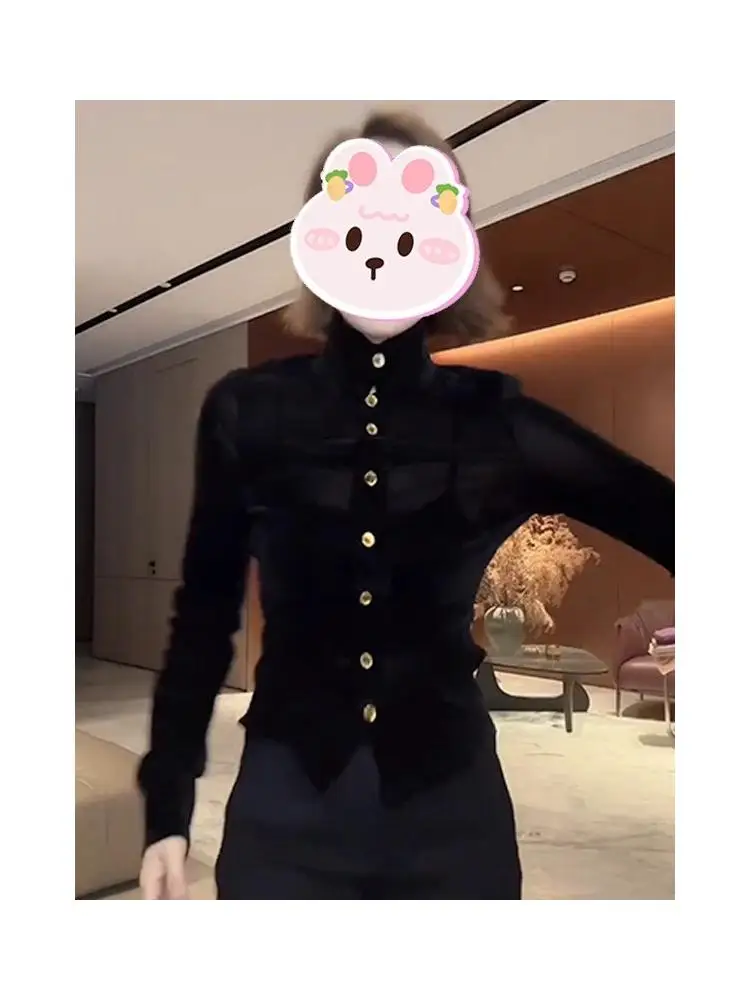 

Зимняя женская приталенная рубашка с длинным рукавом и воротником-стойкой на одной пуговице, повседневный топ в корейском стиле, универсальная повседневная одежда, коллекция Зима 2026