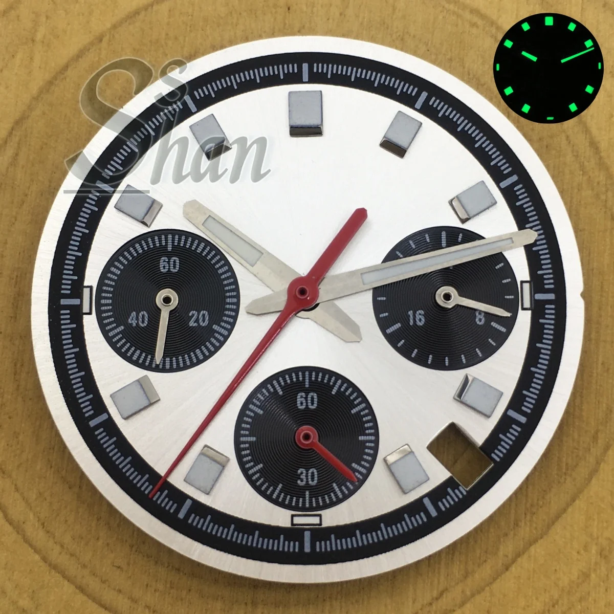 VK63 30mm quartz Panda dial with 6 hands, green luminous is suitable for components of VK63 quartz movement watch.