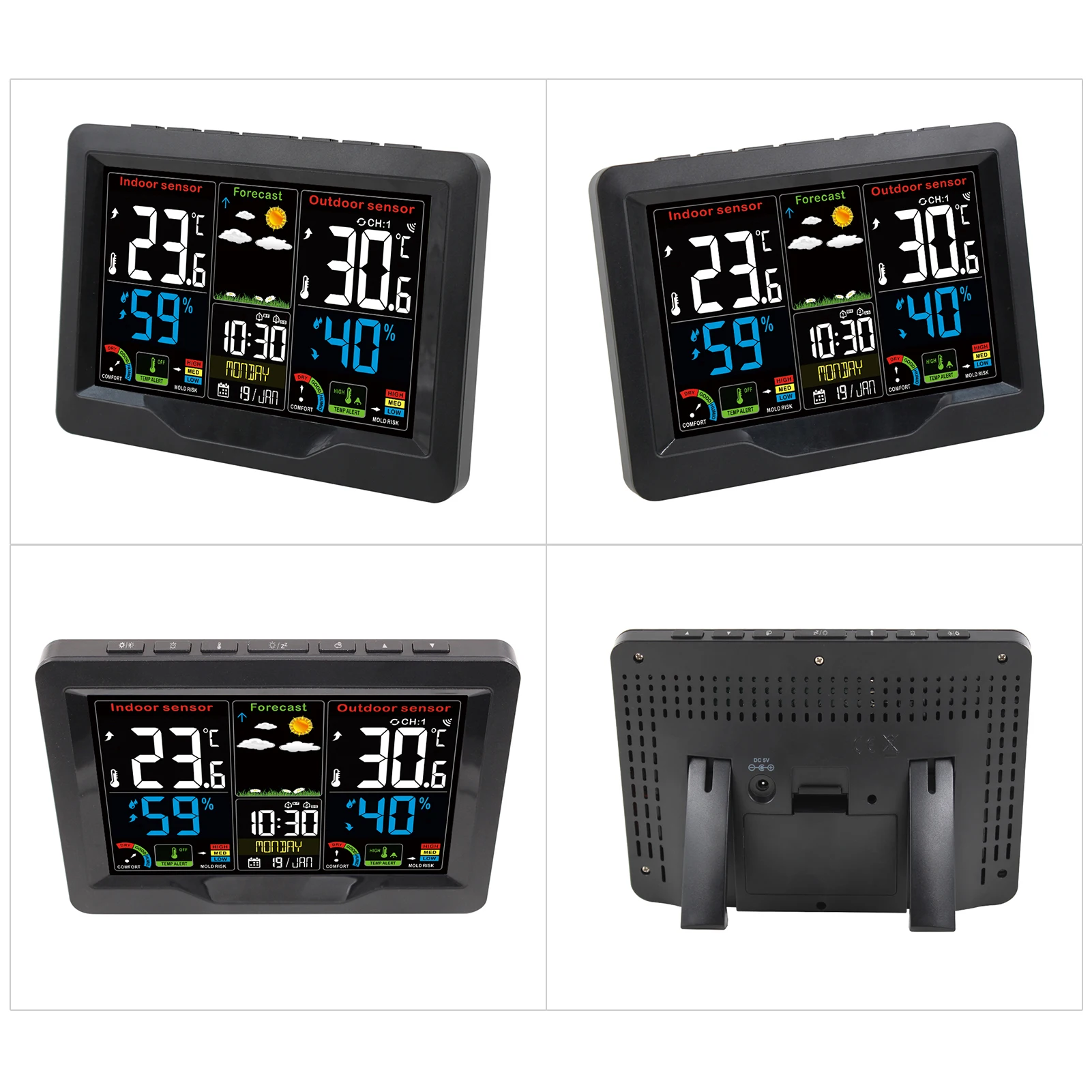 Wettervorhersagestation Uhr RF Indoor Outdoor Farbbildschirmuhr mit RF-Sender Digitale Temperatur und Luftfeuchtigkeit