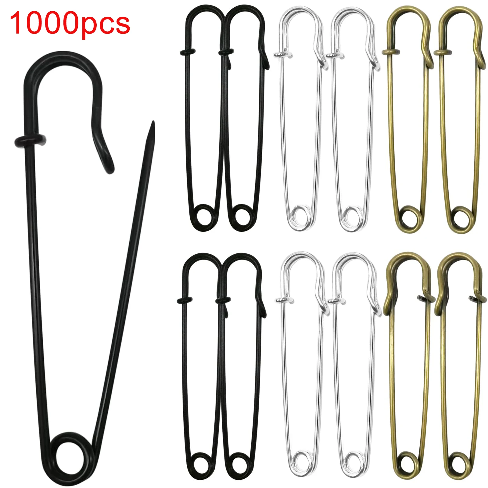

Safety Pins 45/50/57/70/89mm Extra Large Safety Pins Pack of 1000 for Clothes Leather Canvas Blankets Crafts Skirts Four Colors