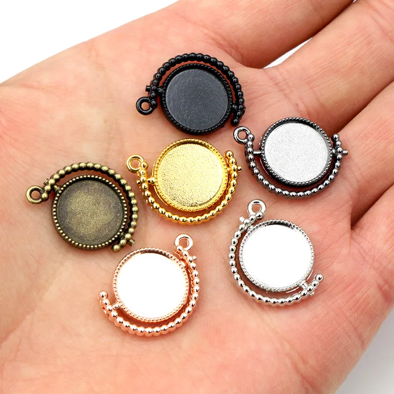 10pcs 12mm Inner Size Multi-colors Fashion Rotation Double Side Cameo Cabochon Blank Base Setting Pendant Bezel Trays DIY