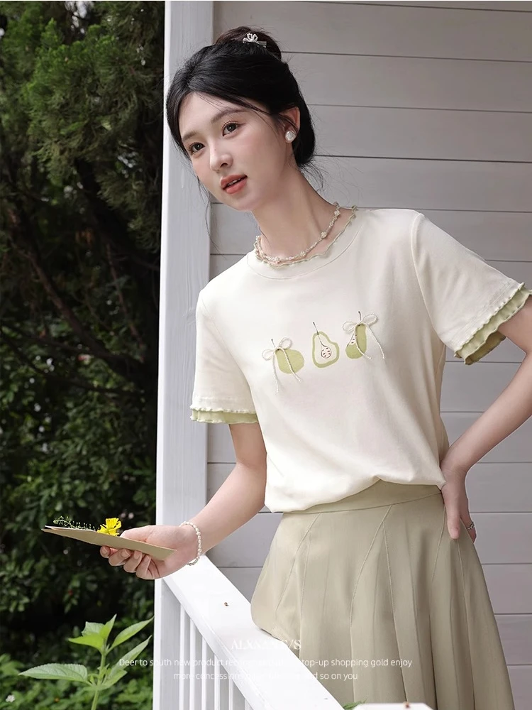 

ALXNAN Plus Size Printed Beaded T-shirt Fashion Casual Loose-fit Short Sleeve T-shirt 2025 Summer Elegant Women's Tops D113113