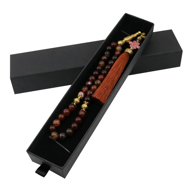 Box and 33 Tesbih Gift Natural Agate Stone Prayer Beads Silver Tasbaha Tasbih Muslim Fashion jewelry Rosary beads tasbeeh
