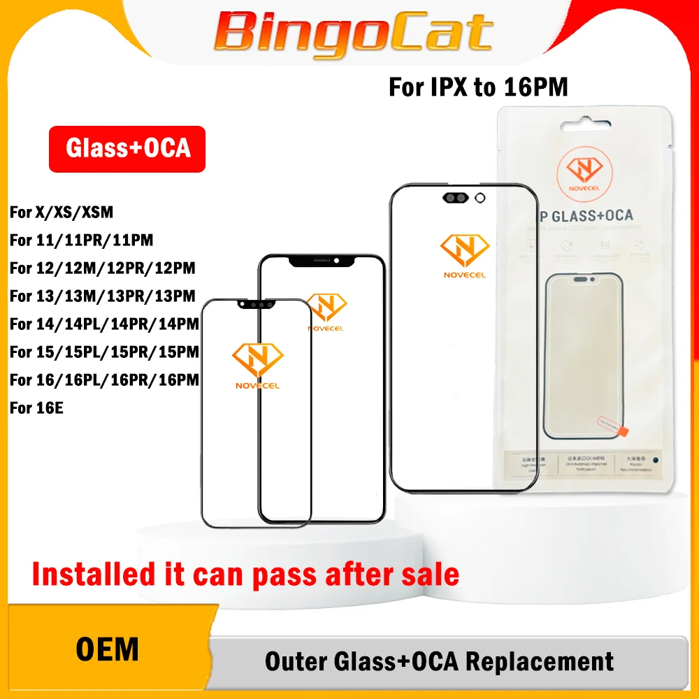 

Novecel 10pc New Front Screen Outer Glass+OCA For iPhone 16 16E XS Max 11 12 13 14 15 Plus Pro Max LCD External Lens Replacement
