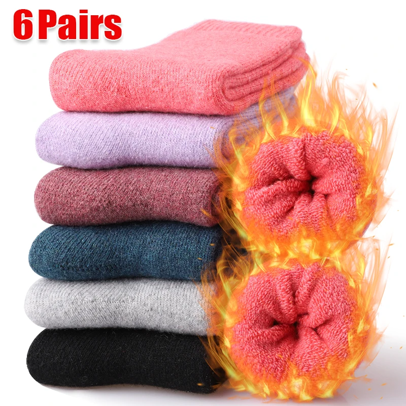 6 Pairs Wool Winter Socks Super Thicker Solid Sock Male Men\'s Socks Merino Plush Women\'s Soft Middle Tube Home Thermal Socks