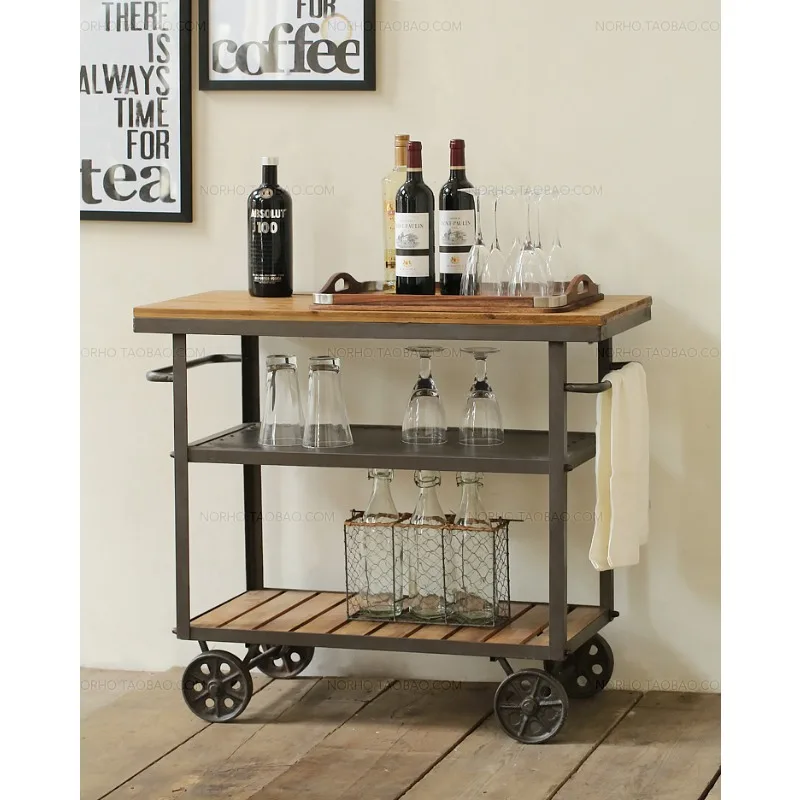 

Kitchen storage side cabinet wrought iron multi-functional solid wood retro small dining car loft industrial style wine trolley