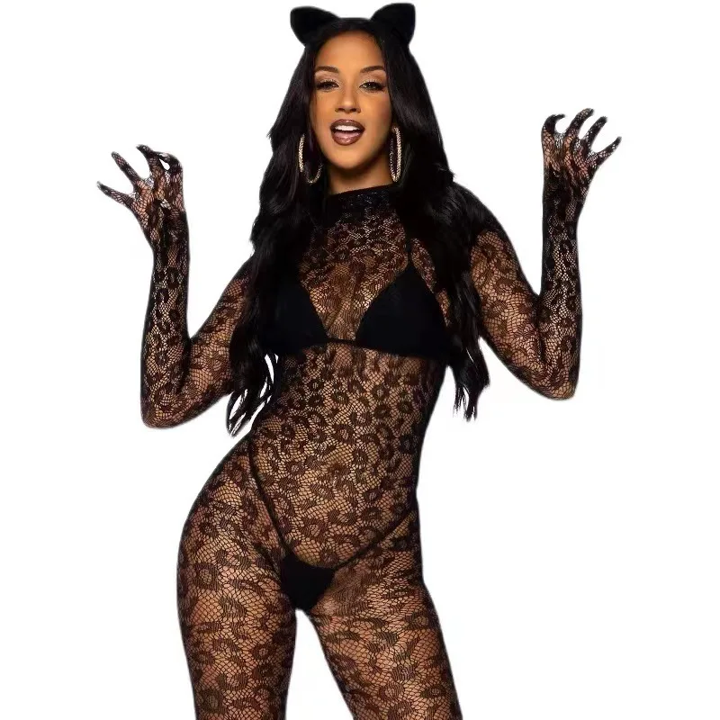 Women\'s Sexy Long Sleeved Backless Exotic Leopard Print Closed Crotch Jumpsuit Transparent Mesh Sock Erotic Lingerie Costumes