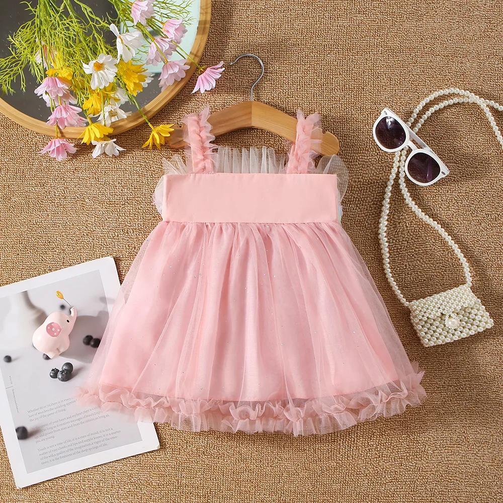 Summer baby girl dress 0-3-year-old baby girl color mesh patchwork solid mesh suspender princess dress