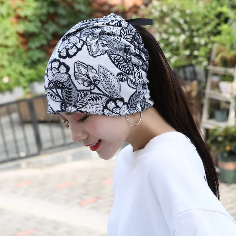 Multifunction Women Summer Leaves Lace Cotton Sunscreen Sun Hat Spring Maternity Windproof Warm Cap Ponytail Headscarf Scarf W56