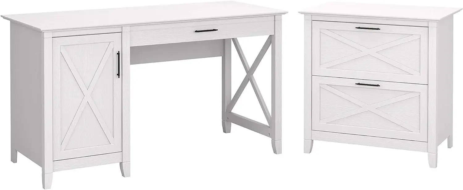 Key West 54W Computer Desk with Storage and 2 Drawer Lateral File Cabinet in Pure White Oak